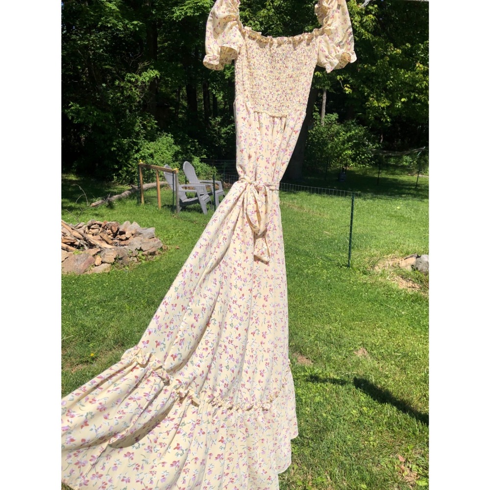 Floral Smocked Maxi Dress Yellow Puff Sleeve Cottagecore Ruffle Tiered OSFA